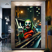 Load image into Gallery viewer, Canvas printed painting of the Joker, featuring bold colors and sharp details in a modern living space.