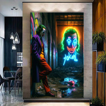 Load image into Gallery viewer, Canvas printed painting of the Joker character, showcasing vibrant colors and bold design, perfect for home decor.