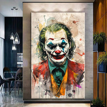 Load image into Gallery viewer, Canvas printed painting of Joker with vibrant colors and dramatic design in a modern living room setting.