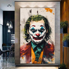 Load image into Gallery viewer, Canvas printed Joker painting showcasing vibrant colors and sharp details, perfect for home decor.