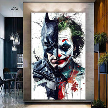 Load image into Gallery viewer, Canvas printed painting of the Joker, featuring bold colors and sharp details in a modern living space.