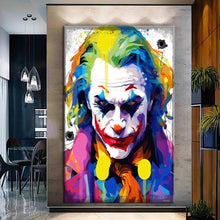 Load image into Gallery viewer, Canvas printed painting of the Joker character, showcasing vibrant colors and bold design, perfect for home decor.