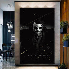Load image into Gallery viewer, Canvas printed painting of the Joker character, showcasing vibrant colors and bold design, perfect for home decor.