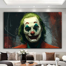 Load image into Gallery viewer, Canvas printed painting of the Joker character, showcasing vibrant colors and bold design, perfect for home decor.