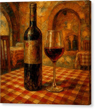 Load image into Gallery viewer, Monestery Winnery Ohrid Wine Bottle and Glass on Checkered Table - Canvas Print