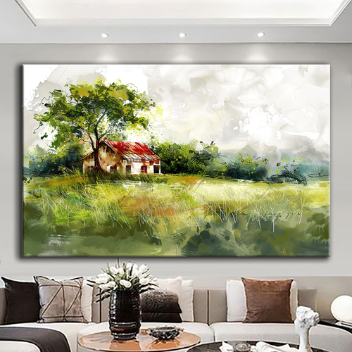 Canvas printed painting, not framed, rolled in tube, subject nature, preries, mountains.