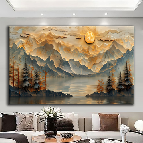 Canvas printed painting, not framed, rolled in tube, subject nature, preries, mountains.