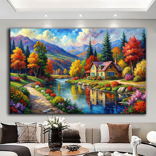Canvas printed painting, not framed, rolled in tube, subject nature, preries, mountains.
