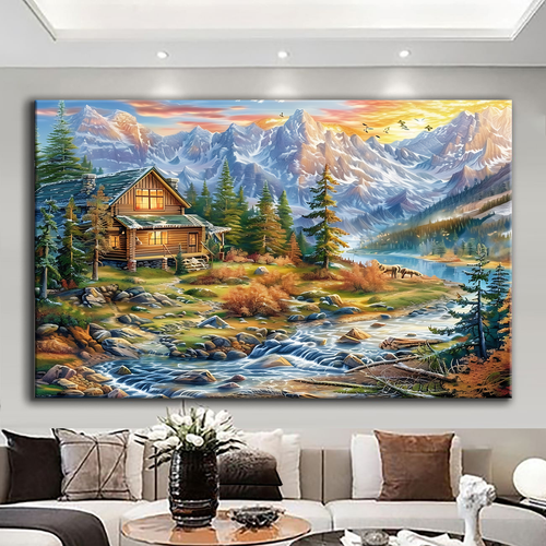 Canvas printed painting, not framed, rolled in tube, subject nature, preries, mountains.