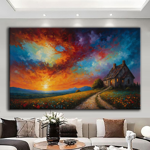 Canvas printed painting, not framed, rolled in tube, subject nature, preries, mountains.