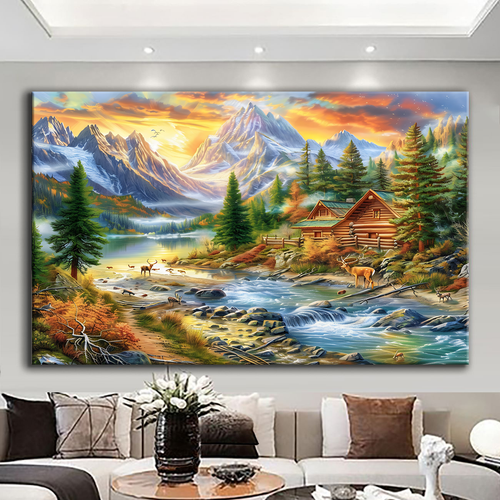 Canvas printed painting, not framed, rolled in tube, subject nature, preries, mountains.