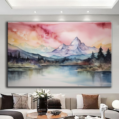 Canvas printed painting, not framed, rolled in tube, subject nature, preries, mountains.