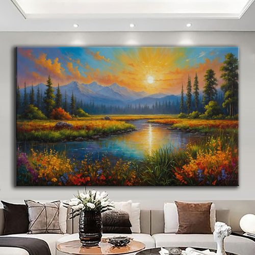 Canvas printed painting, not framed, rolled in tube, subject nature, preries, mountains.