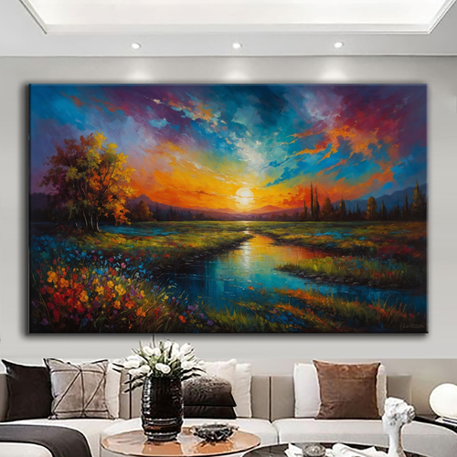 Canvas printed painting, not framed, rolled in tube, subject nature, preries, mountains.