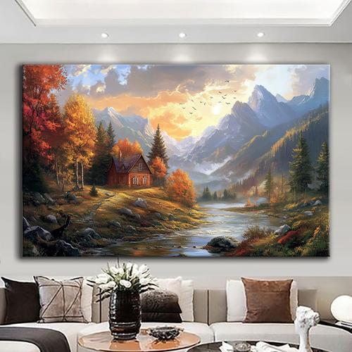 Canvas printed painting, not framed, rolled in tube, subject nature, preries, mountains.