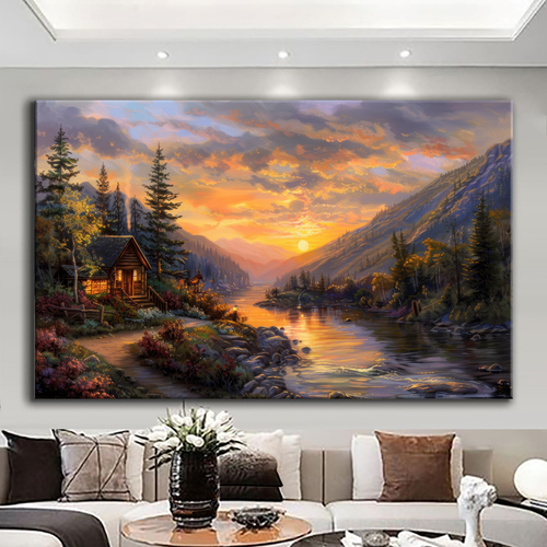 Canvas printed painting, not framed, rolled in tube, subject nature, preries, mountains.