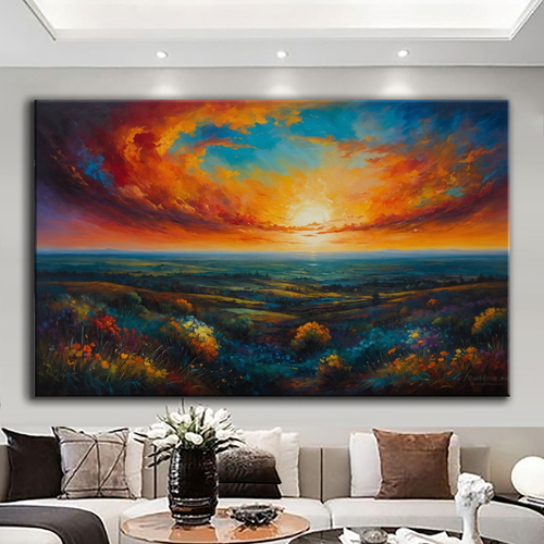 Canvas printed painting, not framed, rolled in tube, subject nature, preries, mountains.