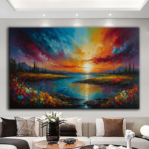 Canvas printed painting, not framed, rolled in tube, subject nature, preries, mountains.