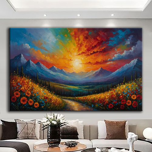 Canvas printed painting, not framed, rolled in tube, subject nature, preries, mountains.