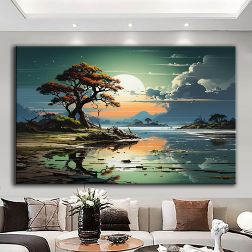 Canvas printed painting, not framed, rolled in tube, subject nature, preries, mountains.