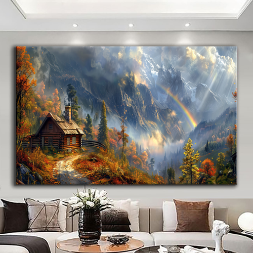 Canvas printed painting, not framed, rolled in tube, subject nature, preries, mountains.