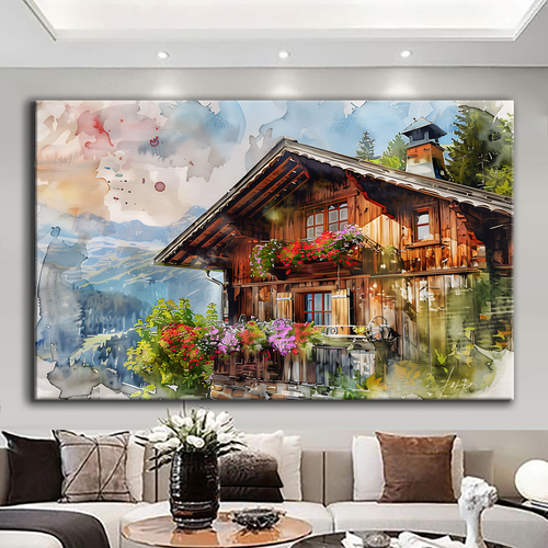 Canvas printed painting, not framed, rolled in tube, subject nature, preries, mountains.