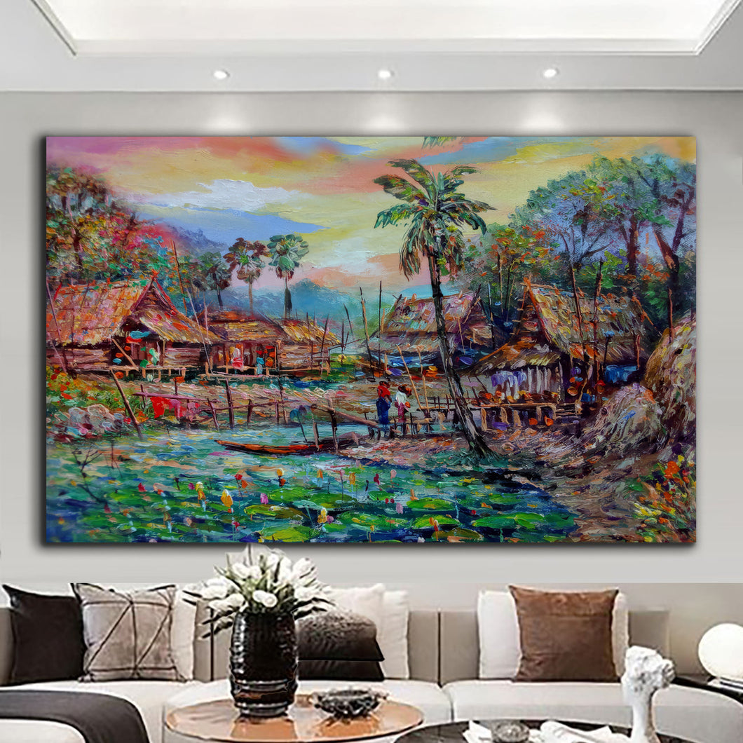 Canvas printed painting, not framed, rolled in tube, subject nature, preries, mountains.