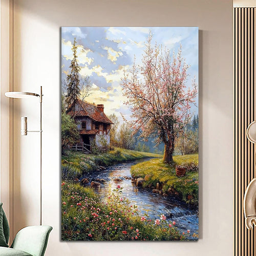 Canvas printed painting, not framed, rolled in tube, subject nature, preries, mountains.