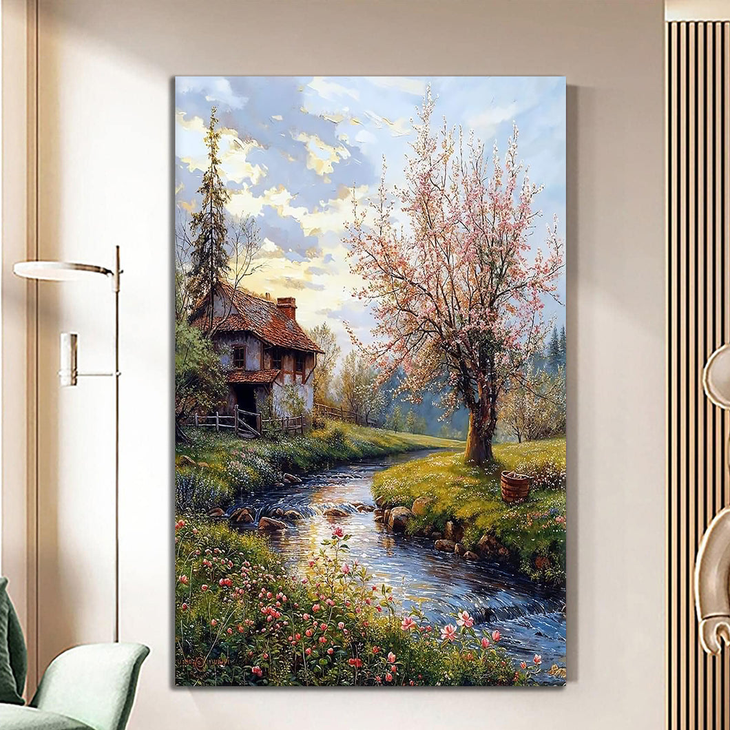 Canvas printed painting, not framed, rolled in tube, subject nature, preries, mountains.