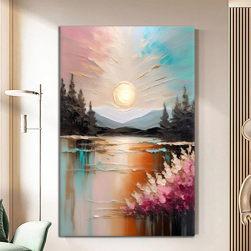 Canvas printed painting, not framed, rolled in tube, subject nature, preries, mountains.