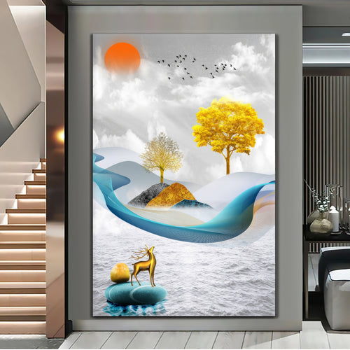 Canvas printed painting, not framed, rolled in tube, subject nature, preries, mountains.
