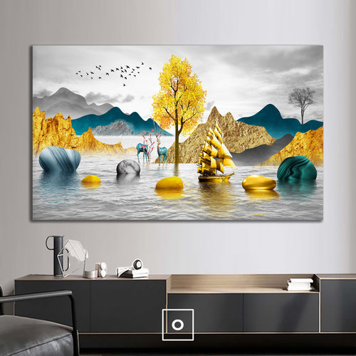 Canvas printed painting, not framed, rolled in tube, subject nature, preries, mountains.