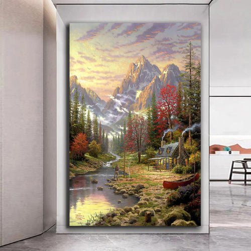 Canvas printed painting, not framed, rolled in tube, subject nature, preries, mountains.