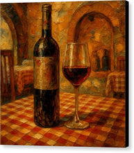 Load image into Gallery viewer, Monestery Winnery Ohrid Wine Bottle and Glass on Checkered Table - Canvas Print
