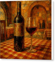 Load image into Gallery viewer, Monestery Winnery Ohrid Wine Bottle and Glass on Checkered Table - Canvas Print

