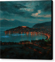 Load image into Gallery viewer, Moonlit Coastal Townscape Ohrid - Canvas Print
