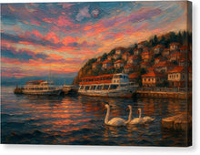 Load image into Gallery viewer, Ohrid Lake Swans at Sunset Harbor - Canvas Print
