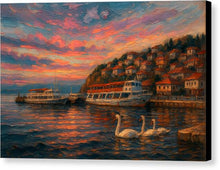 Load image into Gallery viewer, Ohrid Lake Swans at Sunset Harbor - Canvas Print
