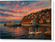 Load image into Gallery viewer, Ohrid Lake Swans at Sunset Harbor - Canvas Print

