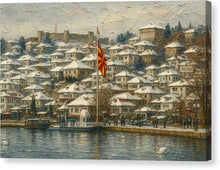 Load image into Gallery viewer, Winter Scene with Macedonian Flag Ohrid Lake - Canvas Print
