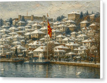 Load image into Gallery viewer, Winter Scene with Macedonian Flag Ohrid Lake - Canvas Print
