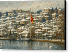 Load image into Gallery viewer, Winter Scene with Macedonian Flag Ohrid Lake - Canvas Print
